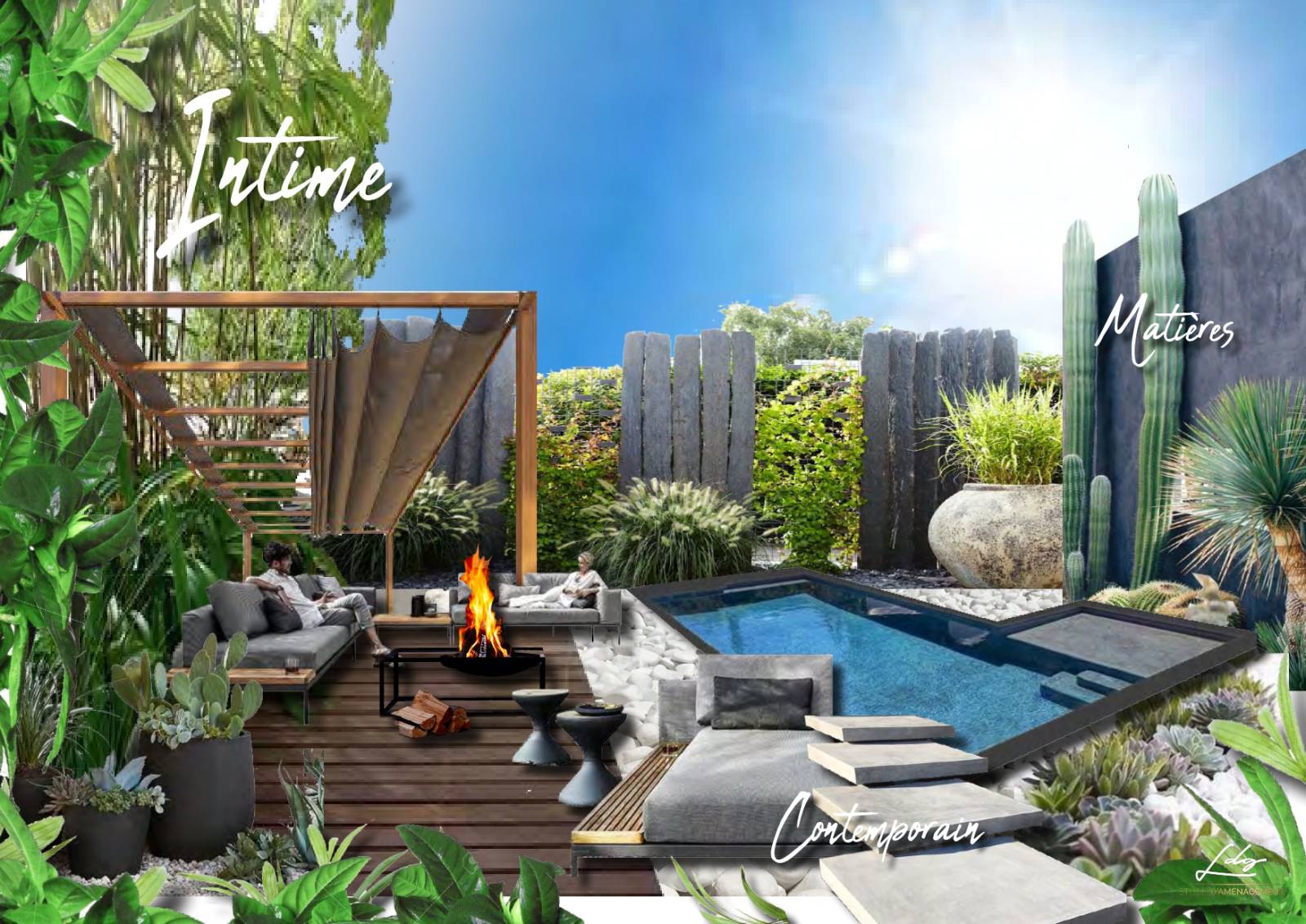 Planche d'ambiance Mood board pour un aménagement d'une piscine à Cers à coté de Béziers 34500 en Occitanie