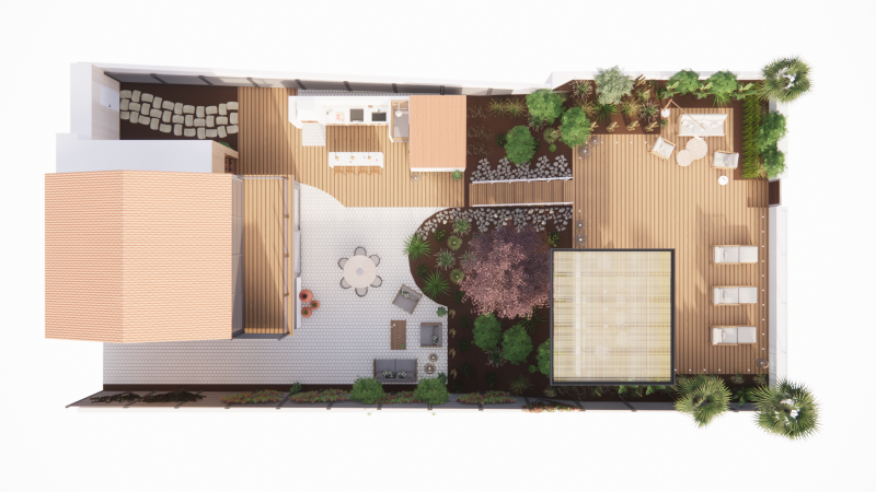 Plan d'implantation vue de haut pour l'aménagement d'espaces extérieurs dans une villa en bords de mer à Frontignan plage dans l'Hérault